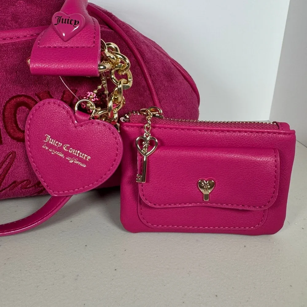 Juicy Couture Angel Velour Bowler Bag Pink Heart Charm Crossbody Tart Satchel